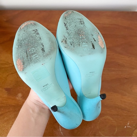 MOSCHINO x Barbie • turquoise stiletto mules heels sandals peep toe - Picture 9 of 11